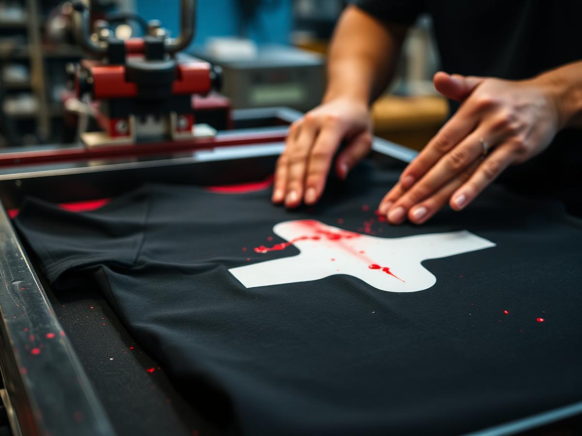 Screen printing red ink onto a black t-shirt